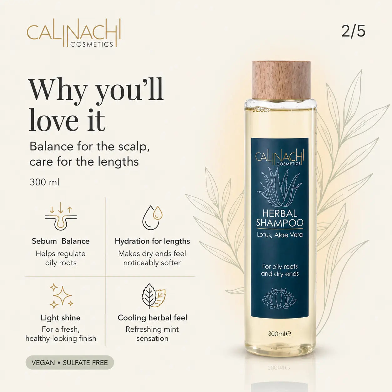 Oily Scalp and Dry Ends Herbal Shampoo, Sulfate free, 300ml. haircare CALINACHI Cosmetics
