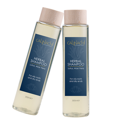 Two bottles of Calinachi Herbal Shampoo on a white background